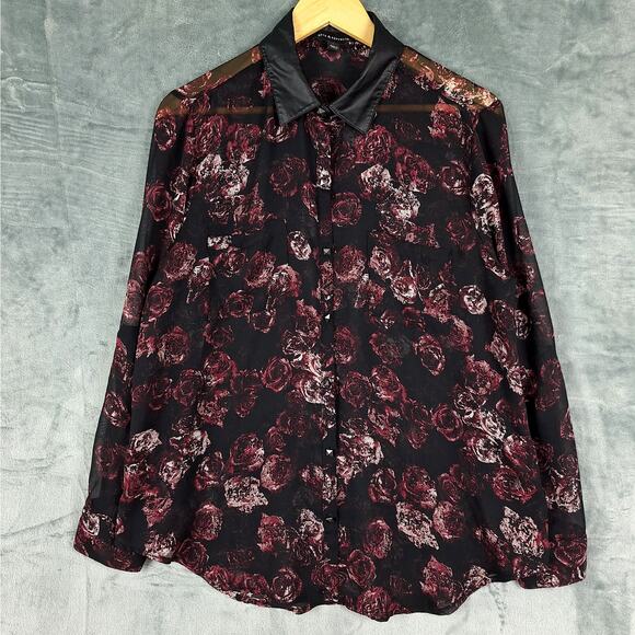 Womens Top Large Black Romantic Floral Fairy Grunge Whimsygoth Button Down Sheer - Picture 1 of 8